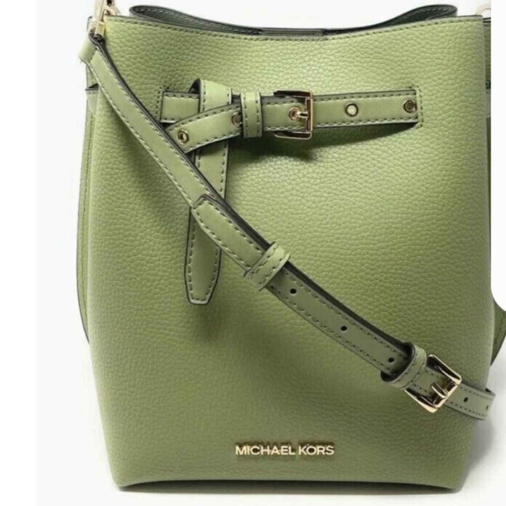 Michael Kors drawstring messenger bucket bag in sage green pebble leather